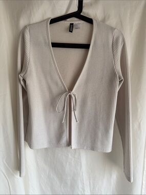 H&M Divided Ribbed Long Sleeve Tie-Front Top in Light Beige